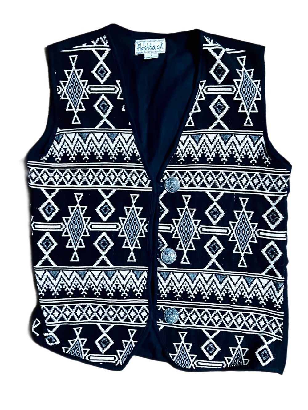 Flashback ~ Medium ~ Black & White Southwestern Aztec Embroidery Vest